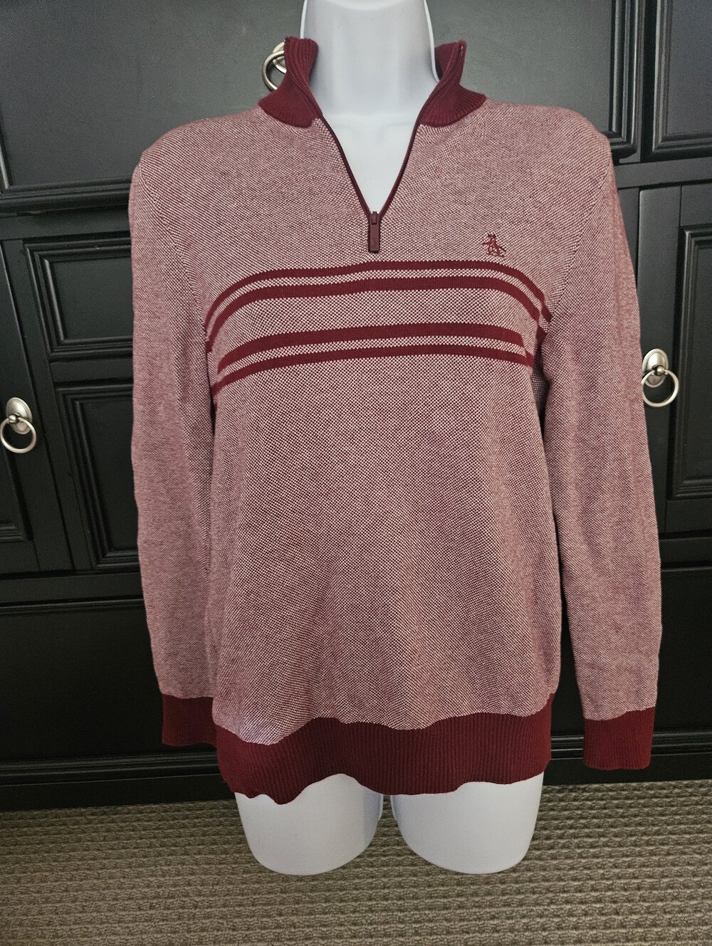 Original Penguin 100% Cotton mens 1/4 Zip Pullover Heather Maroon Sweater Small